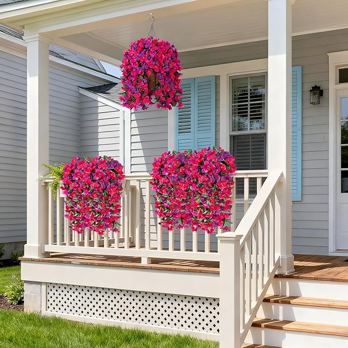 Artificial Fake Hanging Flowers with Basket for Outdoors Decoration, 3PCS Faux Flowers for Outdoor Planters UV Resistant No Fade Silk Bougainvillea for Home Porch Patio Garden Balcony Yard Decor