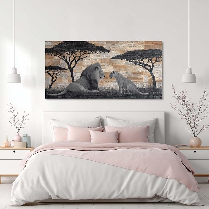 Ggaafet Lions Couple Wall Art for Bedroom Canvas Painting Prints Text Collage Style Male and Female Lion African Savannah Art Deco Retro Rustic Artwork Office Farmhouse Dining Room Decor