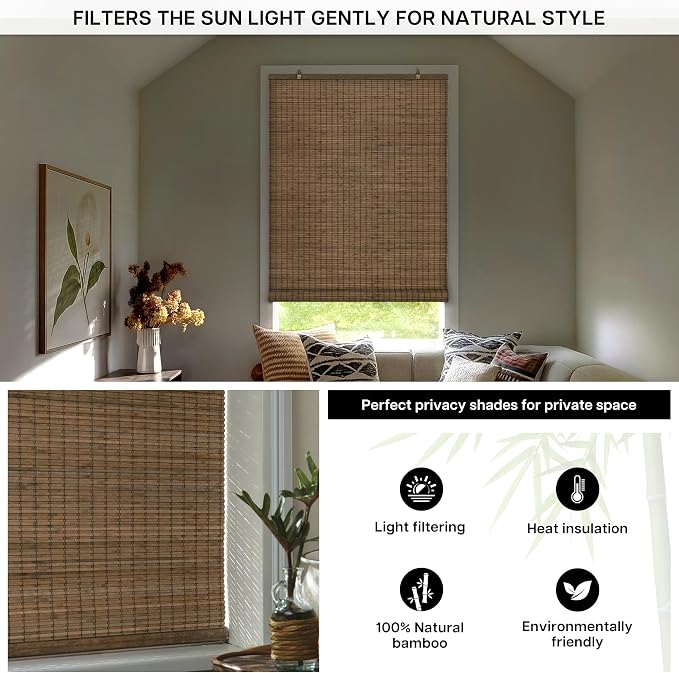 LazBlinds Cordless Bamboo Blinds, Bamboo Roll Up Shades for Windows, Privacy Hanging Window Blinds, Shades for Patio Indoor/Outdoor Porch, 23" W x 64" H, Highfield Teak