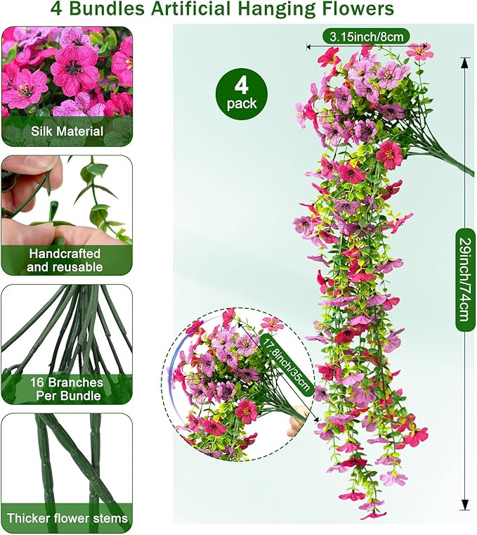 Fanfantoey 4Pcs Artificial Flowers for Outdoors, UV Resistant Fake Flowers, Realistic Artificial Hanging Flowers, Fake Plants Silk Daisy Vines for Spring Summer Outdoor Decor(Fuchsia,Hot Pink)