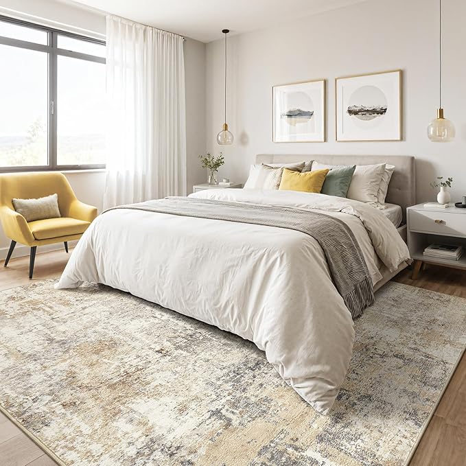 6x8 Area Rug Living Room: Large Washable Abstract Modern Soft Rugs Stain Resistant Indoor Floor Non-Slip Accent Carpet for Bedroom Nursery Playroom Dining Room Office Dorm Home Decor- Grey Gold