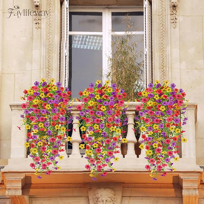 Artificial Hanging Flowers for Outdoors Spring Summer Decoration, 8PCS UV Resistant Silk Fake Hanging Plants for Patio Porch Front Yard Window Garden Indoor Decor(Spring Color,8PCS)
