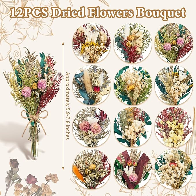 12/24PCS Handmade Dried Flower Bouquet with Stems Natural Dried Wildflowers 7.5 Inch Mini Dry Flowers for Vase Farmhouse Decor, Wedding Styling, Photography Props, Gift DIY(12pcs, Bright)