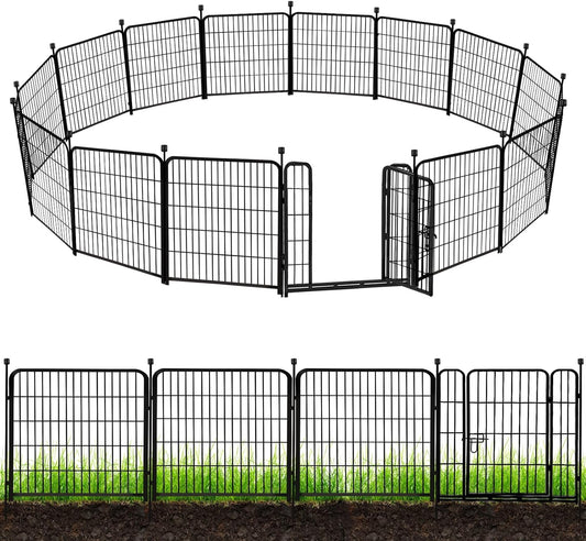 ADAVIN Garden Fence with Gate 32in(H) x 31 ft(L),14 Panels Black Heavy Duty Iron Metal Animal Barrier Fence, Indoor&Outdoor Dog Playpen, Camping Fence, No Dig Garden Border Fencing for Yard