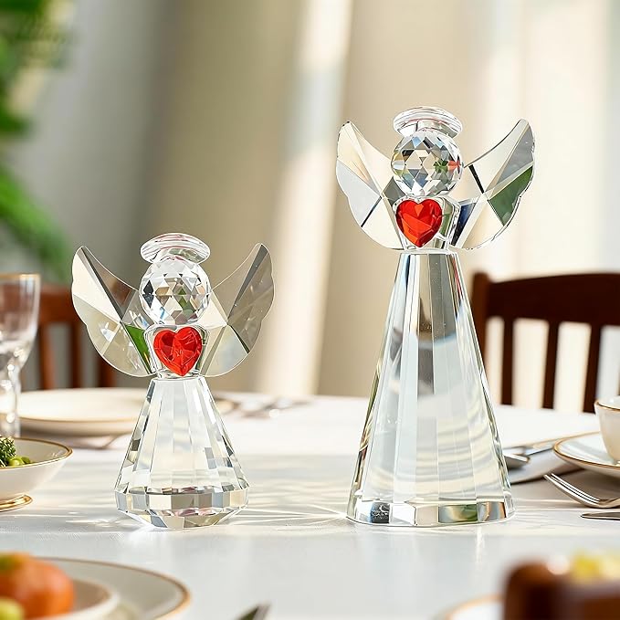 HDCRYSTALGIFTS Set 2 Crystal Angel Figurine for Mom Women, Glass Guardian Angels Ornaments Statues Holding a Heart Home Table Decoration Collectible (Clear,4.5''and 3'')