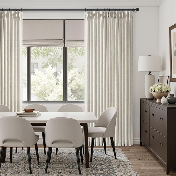 Natural Pinch Pleated Linen Curtains 96 Inches Long for Living Room Bedroom Birch Thick Linen Textured Memory Trained Light Filtering Back Tab Pleated Cream Drapes with Hooks Rings 8 FT