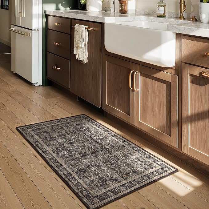 Dark Washable Entryway Rug 2x3, Mid-Century Modern Print Kitchen Bathroom Rugs, Vintage Classic Small Rug for Bedroom, Ultra Thin Door Mat Indoor Entrance Non Slip, Earth Tone Brown/Black/Beige