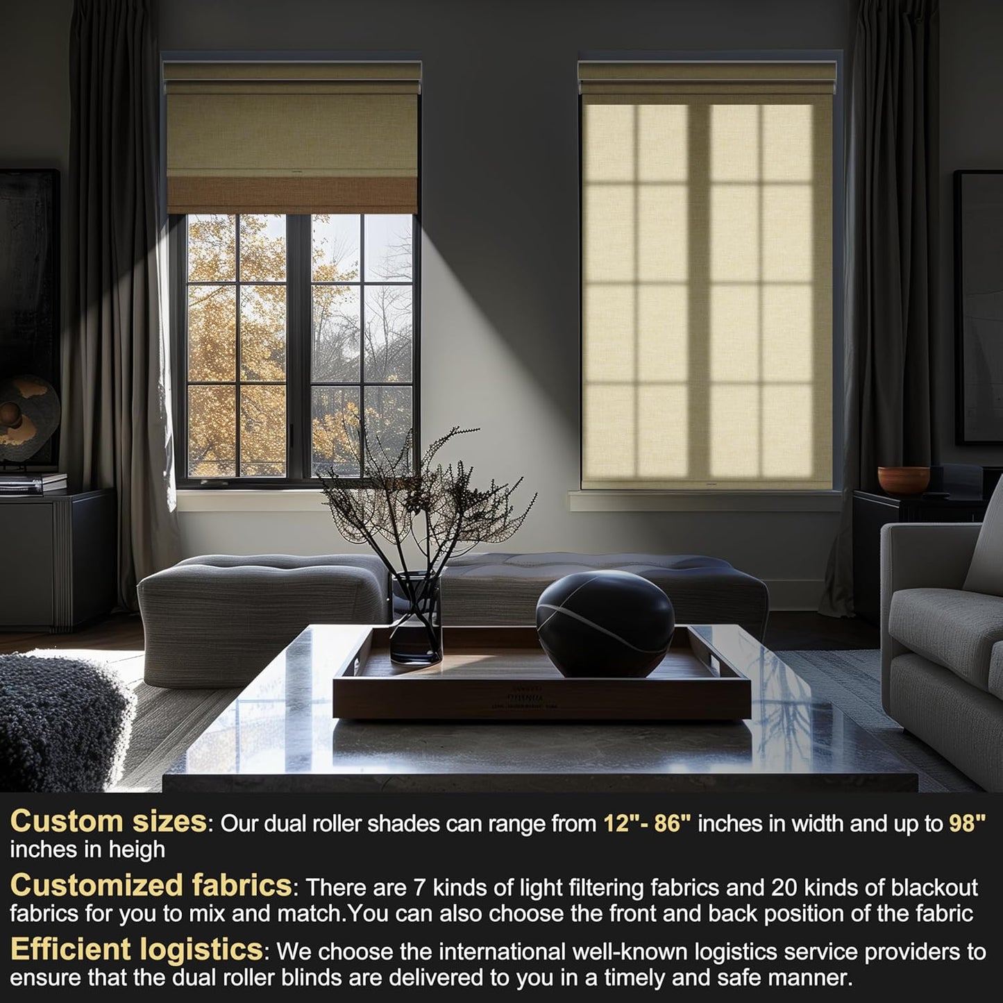 BERISSA Cordless Dual Roller Shades with Cassette Valance, Day and Night Blackout and Light Filtering Shades for Home Office Door. Linen Beige. 74 W x 36 H