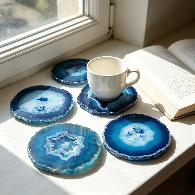 Crystal Coasters Set of 4 Agate Coaster Teal Irregular Dyed 4-5" for Drinks Coffee Wine Bar Glasses with Rubber Bumpers