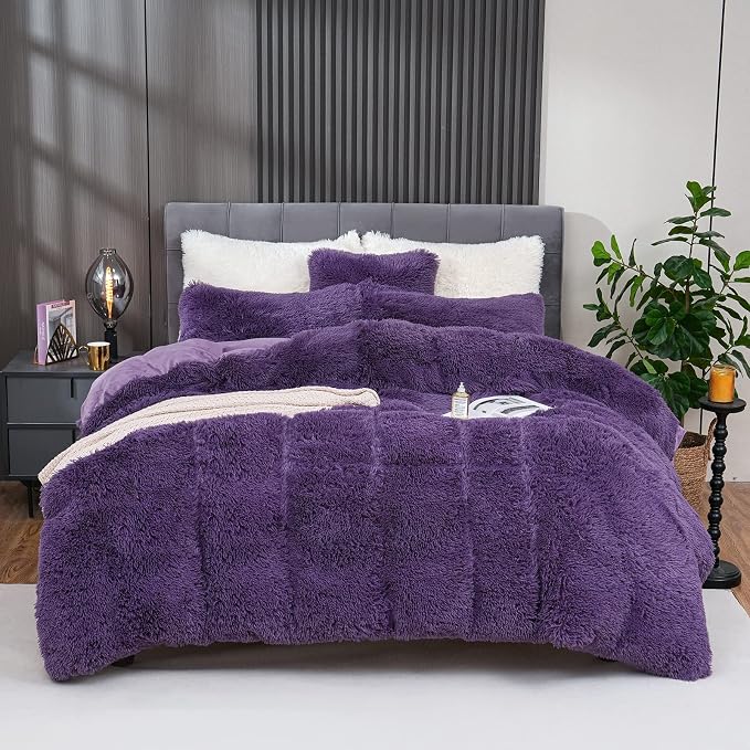 Fluffy Plush Purple Duvet Cover Set Queen Size, Luxury Ultra Soft Velvet Fuzzy Comforter Cover Bed Sets 4 Pcs(1 Faux Fur Duvet Cover + 2 Pillow Cases + 1 Pillow Cover) Zipper Closure (Queen, Purple)