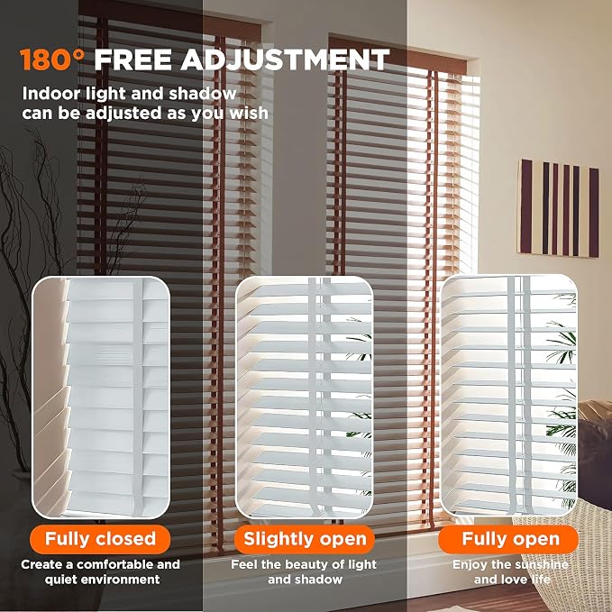 2" Slats Wood Blinds for Indoor Windows: Solid Wooden Blackout Blinds & Shades,Black Out Privacy Horizontal Blinds for Home Bedroom Bathroom Living Room Windows and Doors White