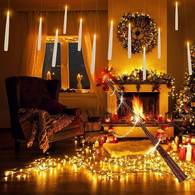 24 Pcs Halloween LED Magic Hanging Floating Candles, Taper Flickering Flameless with 2 Magic Wands - Candle Set for Halloween, Christmas, Weddings, Birthdays & Fantasy Ambiance...