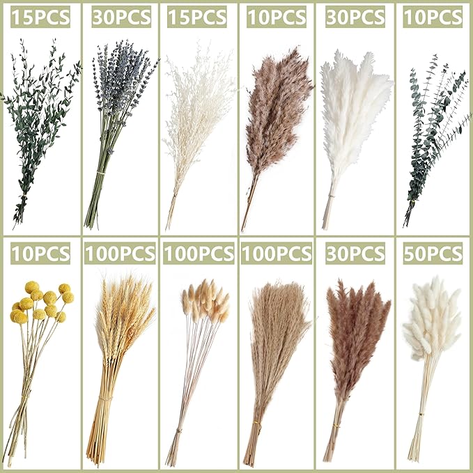 500PCS Dried Pampas Grass Bouquet – Boho Dried Flowers for Vase, White & Brown Pampas, Bunny Tails, Eucalyptus, Wheat & Lavender – Natural Floral Decor for Home, Wedding, Baby Shower &Photoshoot Props