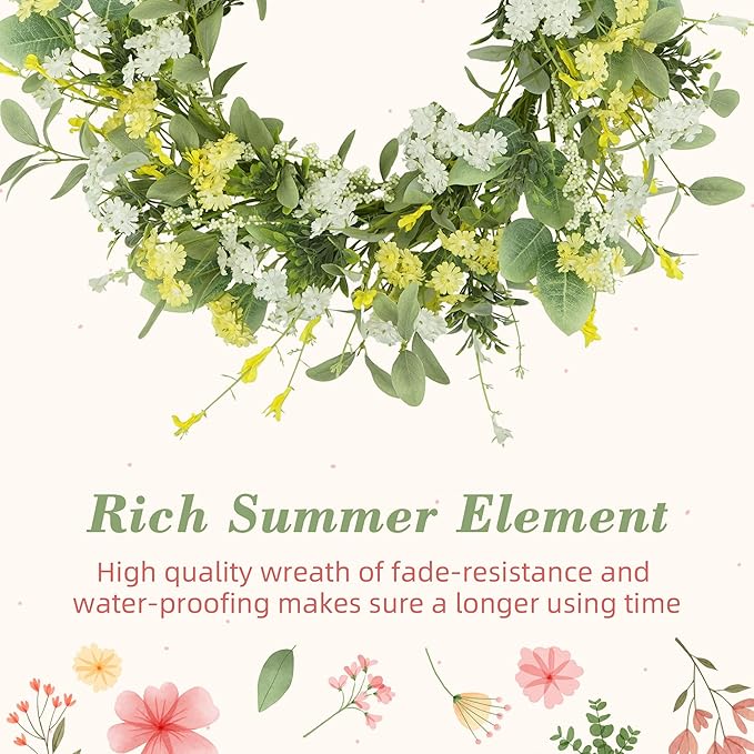 YNYLCHMX 18" Spring Summer Wreaths for Front Door, Artificial Floral Wreath with Yellow White Daisy & Green Eucalyptus Leaves, Green Foliage Wreath for Wall Window Farmhouse Party Holiday Home Decor