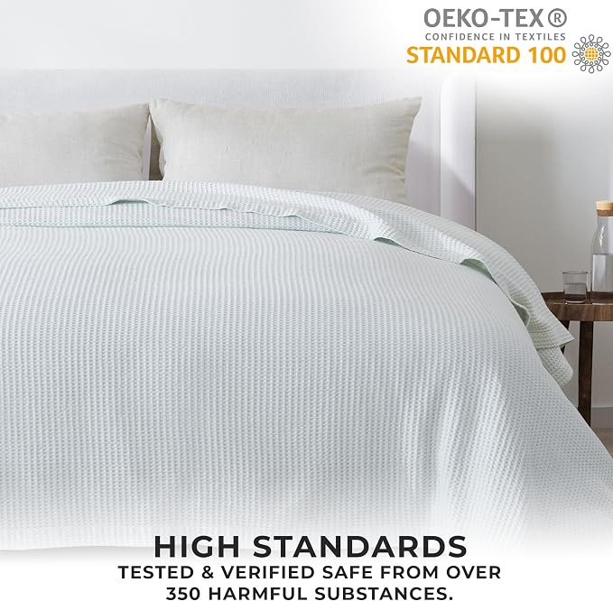100% Cotton Blue Blanket King Size for Bed - Breathable and Soft, Waffle Weave for Summer Spring, 102x90 Inches (Pale Blue)
