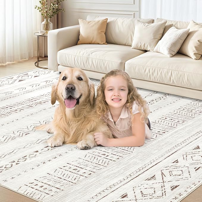 cotiled 6x8 Area Rug Living Room: Washable Boho Rugs with Non Slip Backing Large Soft Indoor Stain Resistant Carpet for Bedroom Farmhouse Dining Room Lightweight Home Decor L Brown/Cream