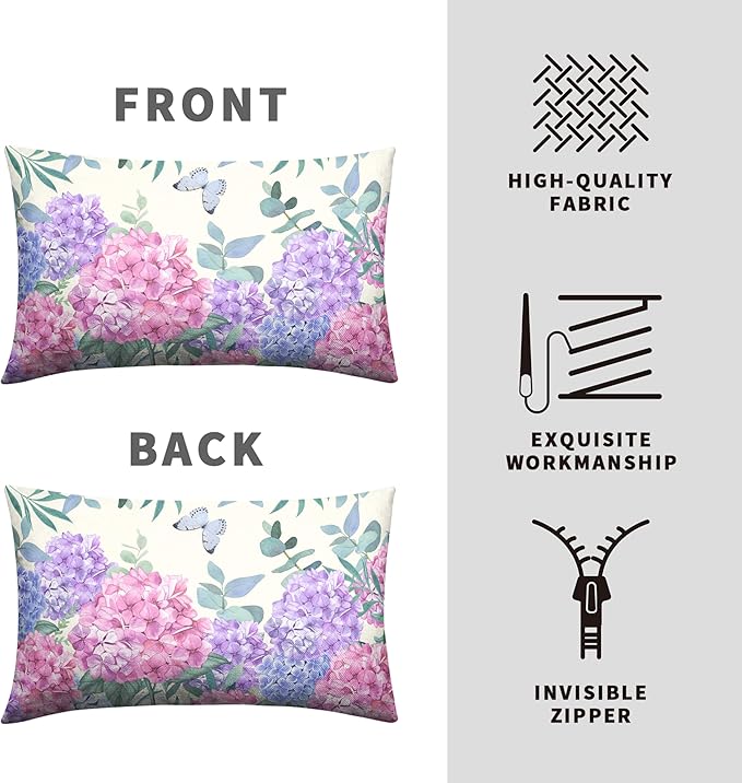 Pink Hydrangea Lumbar Pillow Covers Spring Flowers Outdoor Pillow Covers 12x20 Set of 2 Purple Pink Hydrangea Eucalyptus Pillow Case Cotton Linen Cushion Case for Sofa Garden Patio