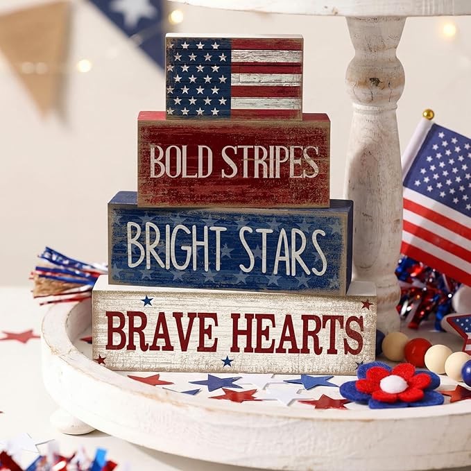 4 Pcs Memorial Day Decorations Wooden American Flag Patriotic 4th of July Tabletop Decoration Red White Blue Table Centerpieces Sign for Office Tiered Tray Home Shelf 250th Anniversary