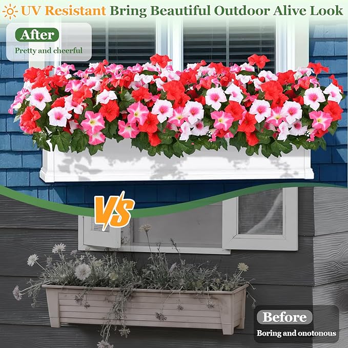 MARTINE MALL Artificial Flowers for Outdoors, 4 Bundles Realistic Fake Outdoor Flowers, UV Resistant Silk Petunia Flower for Outside Look Real Faux Flower Plants for Outdoor Porch, Red Pink White