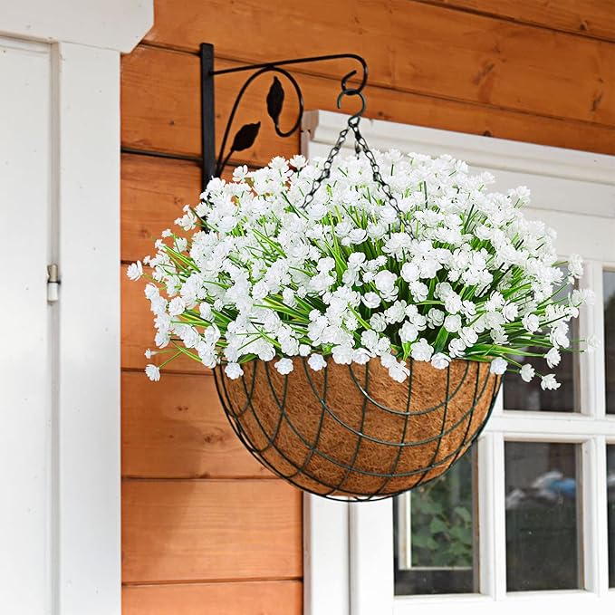 Ouddy Decor 24 Bundles Artificial Flowers for Outdoors UV Resistant Fake Plastic Plants Faux Greenery Stems for Spring Summer Indoor Garden Patio Window Box Kitchen Home Decor, White