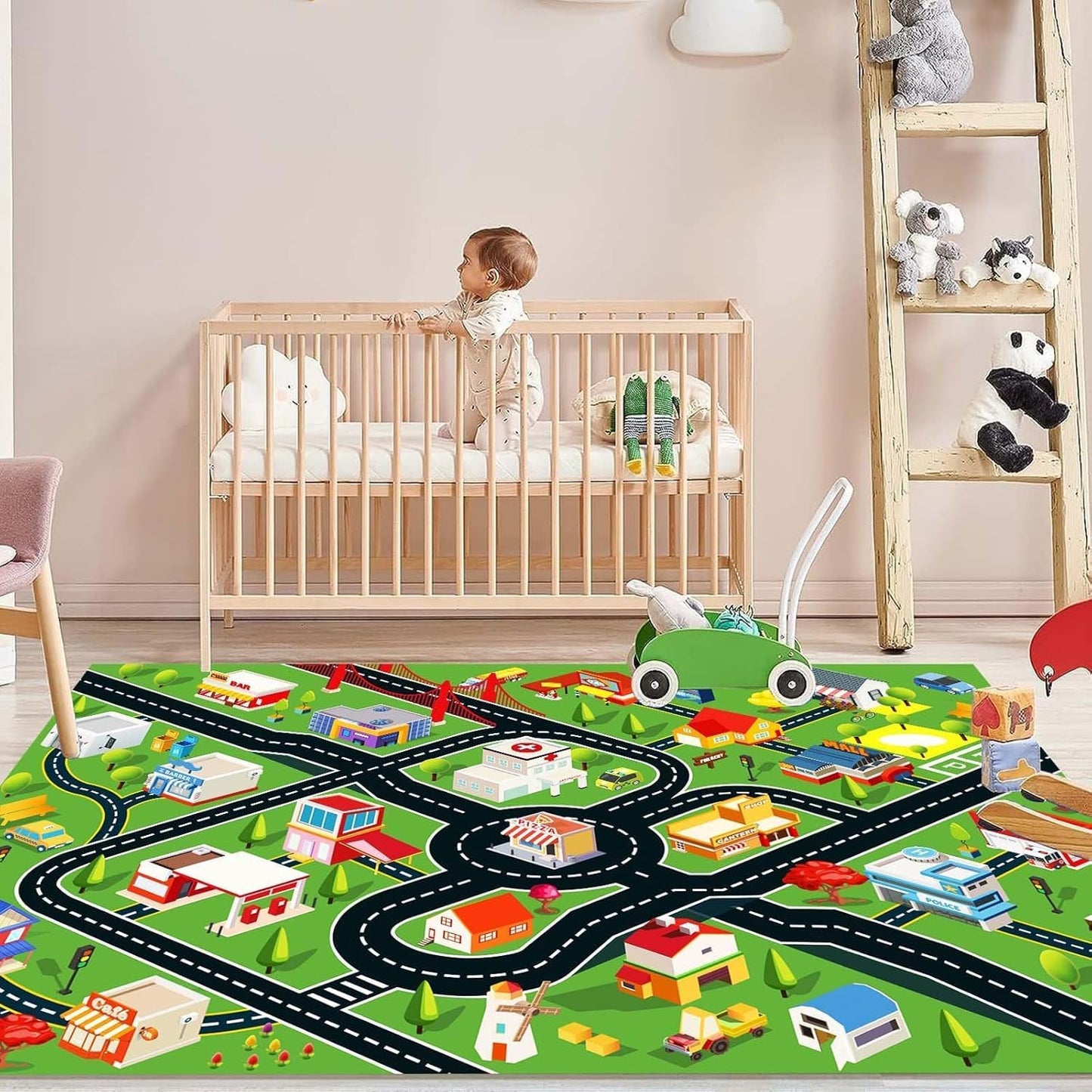 Kids Rug Car Rugs for Kids Toy Cars Play Mat with Rubber Backing City Life Road Rug for Cars Fun City Map for Carpet for Bedroom Boys (RED-Rug, 5.2x7.9ft)