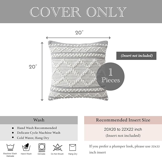 BlissBlush Gray White Decorative Throw Pillow Cover 20X20, Boho Accent Pillow for Couch, Square Modern Farmhouse Pillowcase for Living Room Couch Sofa Cushion Home Décor (Pack of 1)