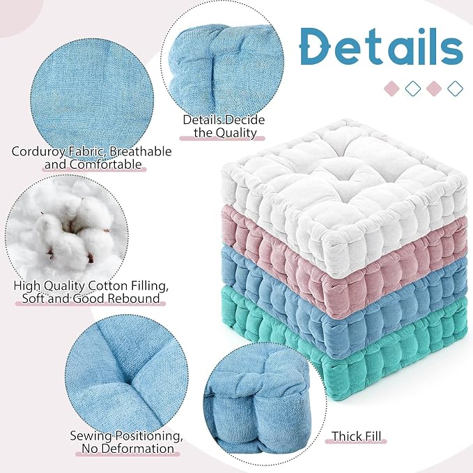 Jerify 4 Pcs Floor Pillow Cushions Large Round Square Large Meditation Floor Pillow for Classroom Adult Meditation Picnic Party Seating Learning Daycare School (Square 20 x 20,Mixed Blue)
