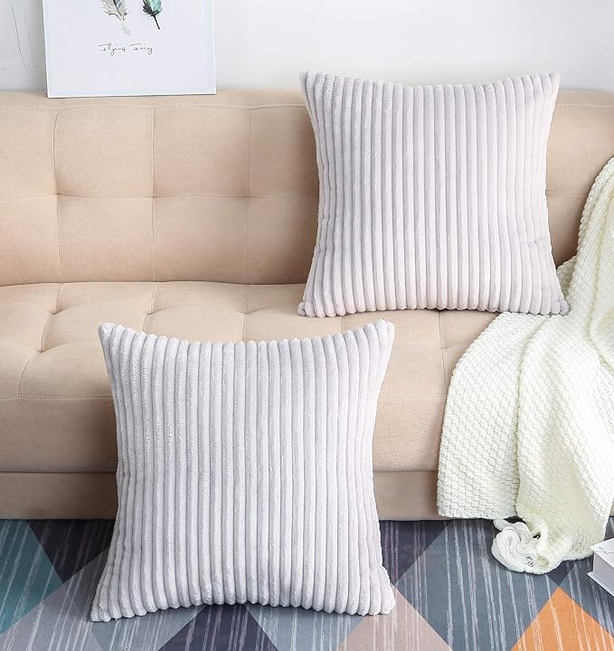 TangDepot, Set of 2 Soft Plush Velvet Big Striped Corduroy Solid Decorative Throw Pillow Covers, Square Pillow Covers - (22"x22" 2 Pieces, A23 Light Grey) | Soft wide-stripe corduroy pillow cover, hidden zipper, machine washable, easy refresh, for bedr...