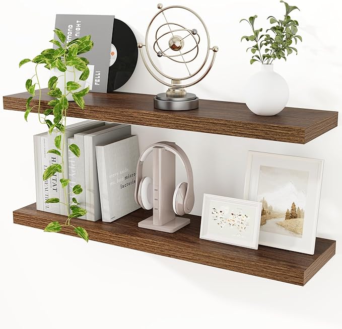 Floating Shelves for Wall, 36 inch Long Shelf, Walnut Wooden Wall Mounted Shelves for Bathroom Living Room Kitchen Bedroom Storage & Organizer, 36 x 9.3 x 1.5 in, 2 Packs