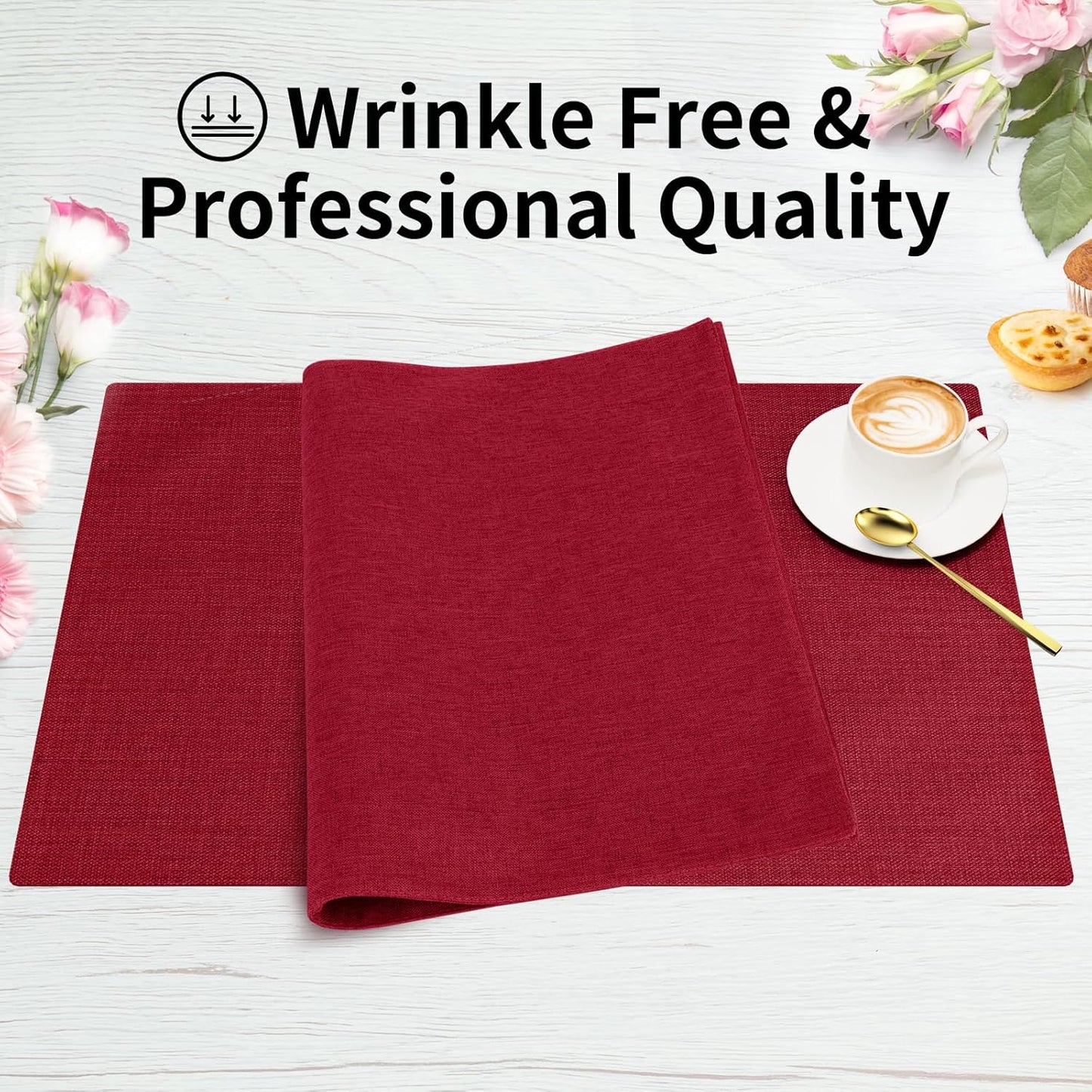 Cloth Placemats, Set of 4 Heat-Resistant Cotton Linen Blend Double Layered Machine Washable Place Mats, Wrinkle Free Thick Fabric Dining Table Mats for Indoors & Outdoors (Burgundy, 4)