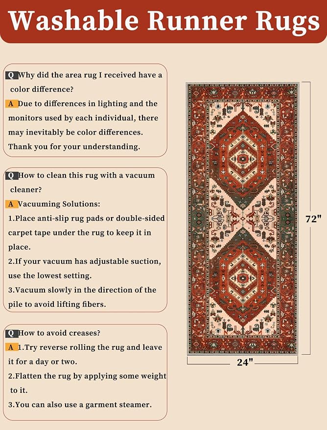SERISSA Boho Washable Runner Rug, 2x6 Rug Runner Non-Slip Vintage Terracotta Green Hallway Kitchen Runner Rug Ultra Soft Print Distressed Floor Carpet Runner for Bedroom Laundry Living Room