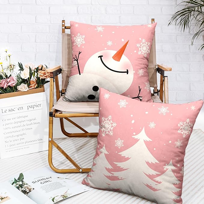 Pink Christmas Snowman Pillow Covers 16x16 Set of 2 Xmas Tree Snowflakes Decorative Pillow Covers Winter Farmhouse Pillowcase for Holiday Decorations Living Room Party