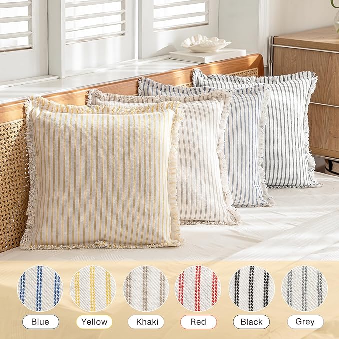 YEENAASY Throw Pillow Covers 20x20 Set of 2 Striped Fringe Pillow Cover Farmhouse Cushion Covers with Tassel Neutral Boho Pillows Decorative Square Pillowcase for Couch Sofa Bed, Yellow