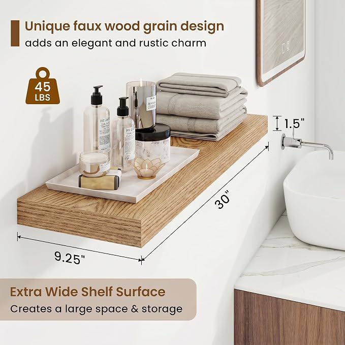 Marsmiles 30in Floating Shelves for Wall, 30" W x 9.25" D x 1.25" H, 2 Pack Long Wall Mounted Engineered Wood Shelves with Invisible Brackets for Living Room, Bedroom, Bathroom, Kitchen, Cedar