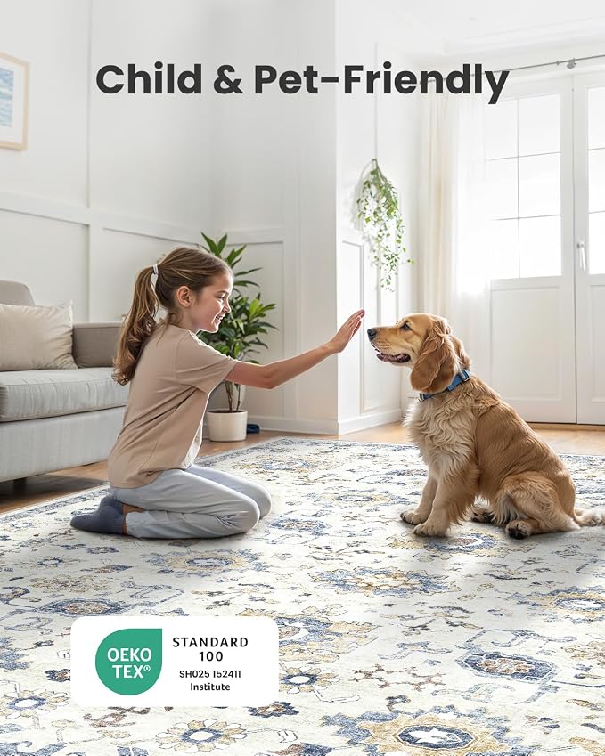 AMADA HOMEFURNISHING 10x14 Washable Area Rug, Low-Profile Large Area Rug with Non-Slip Backing & Durable Edge Binding, Vintage Large Rugs for Living Room, Bedroom & Dining Room