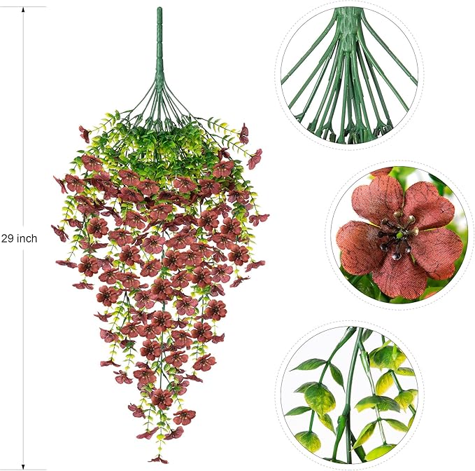 Ammyoo Artificial Mums for Outdoors Fake Hanging Flowers for Decoration, 2 PCS Silk Daisy Flower Realistic Faux Plants UV Resistant for Porch Patio Window Yard Outside Decor(Brown)