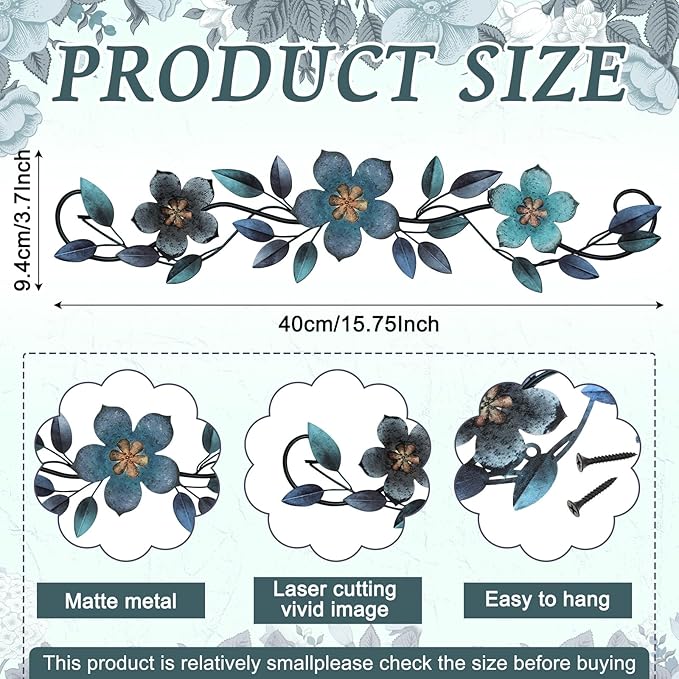 Wesiti Metal Flower Wall Decor Vintage Spring Metal Flower Wrought Iron Scroll Sculpture 15.7''x3.7'' Farmhouse Leaves Wall Decor with Nails for Spring Living Room Bedroom Indoor Outdoor(Blue)