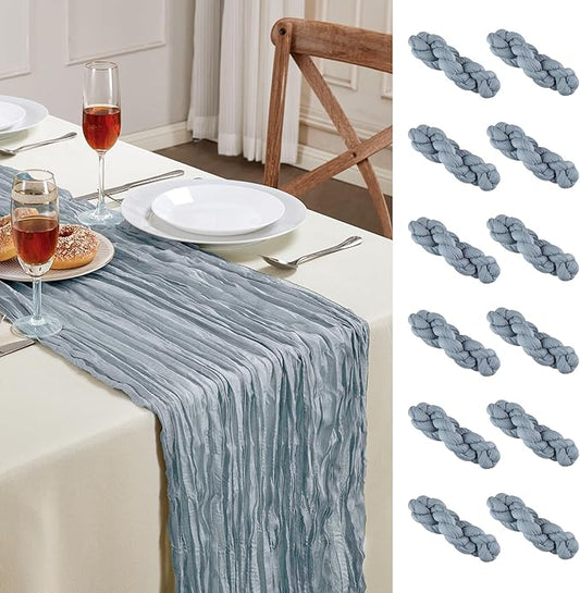 12 Pack Dusty Blue Cheesecloth Table Runner 10FT Long Boho Gauze Table Runner Rustic Sheer Runner for Wedding Bridal Baby Shower Birthday Party Table Decor Home Easter Thanksgiving Decorations