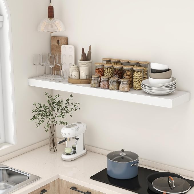 FLYJOE Deep Floating Shelves, 55 Inch White Shelves Set of 1 | 12 Inch Deep Shelves for Wall, 55'' x 12'' Rustic White Wood Shelves for Bathroom Living Room Laundry Room Kitchen