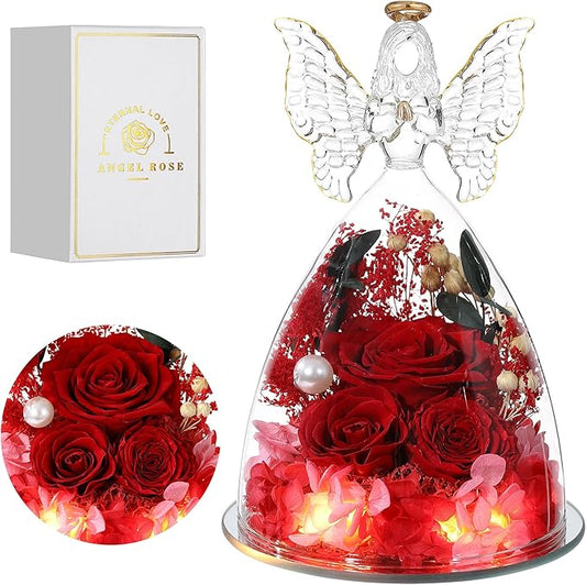 Mothers Day Rose Gifts for Women Preserved Real Flower in Glass Angel Figurines Roses for Delivery Prime Birthday Gifts for Mom Grandma Girlfriend Wife Her, Red Austin Roses
