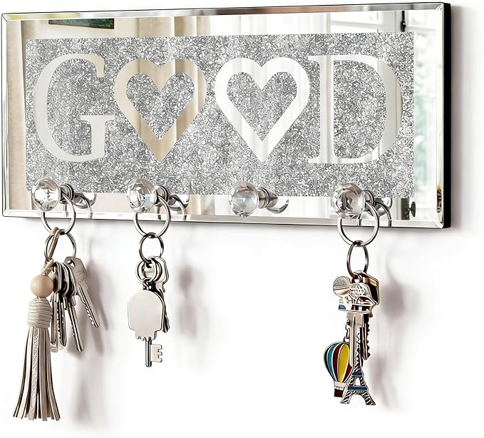 SHYFOY Crystal Clear Hooks Key Holder Key Hanger, Sparkly Mirrored Home Letters Plaque Sign for Decor, Silver Mirror Decoration Wall Art for Entryway Hallway Living Room, Good Letter