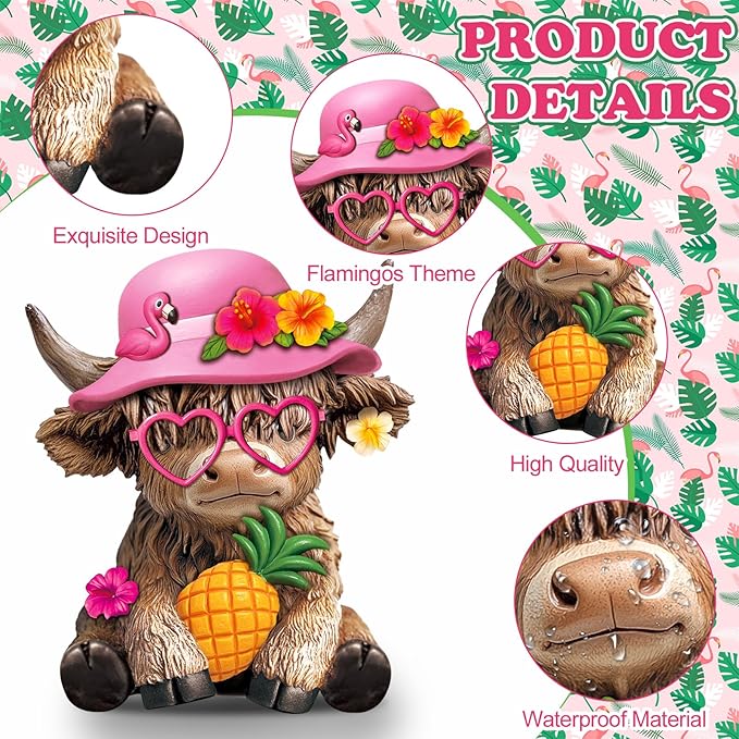 Karenhi 2 Pcs Hawaii Highland Cow Figurines Decor Summer Flamingo Resin Statue Gnomes Scottish Calf Lovers Housewarming Gifts for Coastal Garden Home Kitchen Office Tiered Tray Table Decor