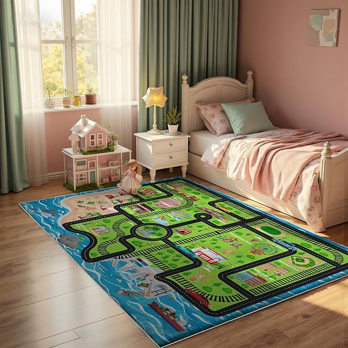 5x7ft Kids Island Train Car Play Rug - Non-Slip Faux Wool Carpet with Interactive Island Map Design, Educational Toy Vehicle Mat for Kids, Bedroom Playroom Nursery Gift.