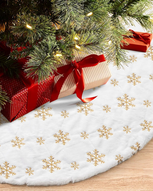 COOLWUFAN 48 Inches Christmas Tree Skirt for Xmas Tree Holiday Party Decoration White Plush Gold Sequin Snowflake (Gold)