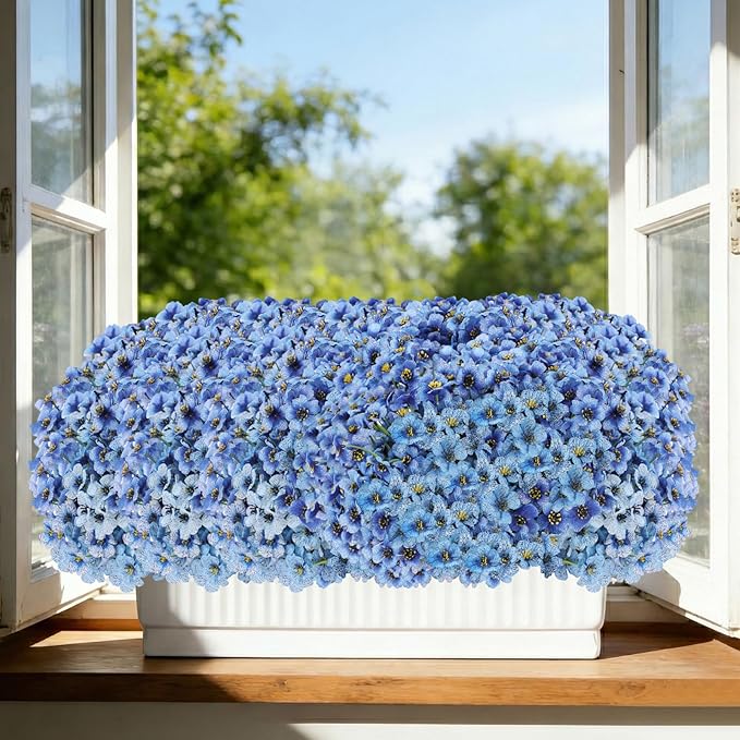 Powbrace 60 Pack Artificial Flowers for Outdoor Indoor Fake Plants, Faux Silk Flowers for Outdoors Outside Front Porch Hanging Planter Window Box Garden Spring Decoration(Blue)