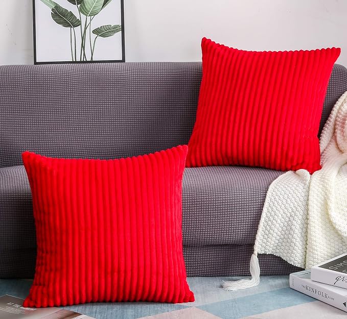 TangDepot Velvet Big Corduroy Pillow Covers 20x20 Red 2-Pack | Soft wide-stripe corduroy pillow cover, hidden zipper, machine washable, easy refresh, for bedroom living room indoor outdoor