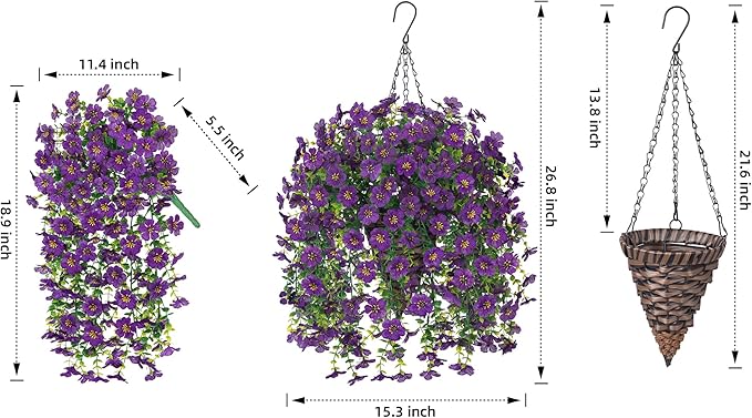 HyeFlora Artificial Hanging Flowers Basket for Outdoor, Fake Flowers Faux Plants Look Real for Yard Gardens Porch Patio Home (Darkpurple)
