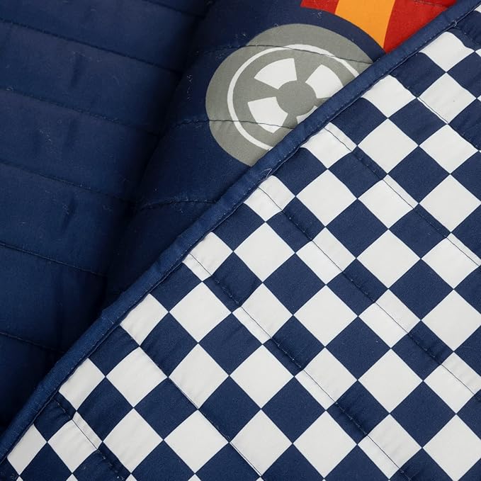 Lush Decor Racing Cars Reversible Quilt Twin Size 4 Piece Set Navy - Toddler Bedding Set Twin Quilt - Car Decor