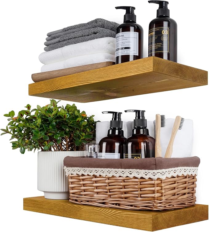 BGMG Wood Floating Shelves for Wall 16 Inch Set of 2, Rustic Wooden Wall Mount Shelves for Living Room Bedroom Kitchen Farmhouse - 16x6.7x1.25 Inch - Gold Oak