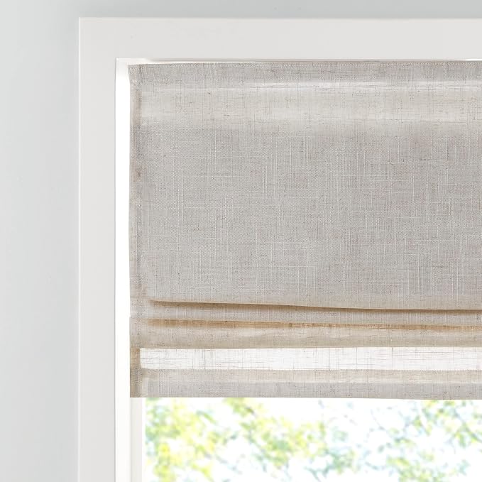 Madison Park Kyler Cordless Roman Shades - Single Panel, Lightweight Linen Blend Fabric, Natural Design, Easy Installation, Light Filtering Window Blind, Bedroom, Living Room Decor 35"W x 64"H Natural